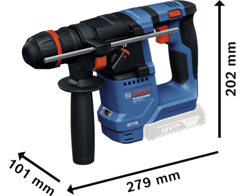 Marteau perforateur Bosch Professional avec des dimensions de 279 mm de longueur, 101 mm de largeur et 202 mm de hauteur.