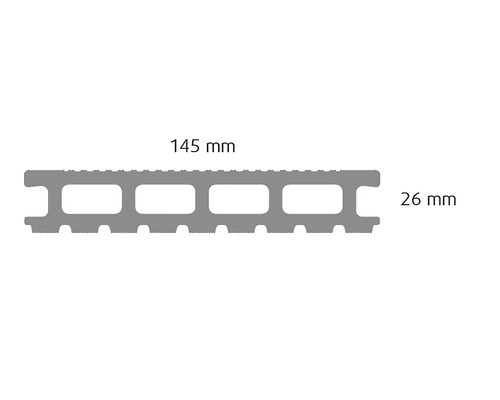 Coupe de profilé de lame de terrasse avec dimensions 145 mm et 26 mm