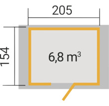 Grundrisszeichnung mit den Maßen 205 mal 154 Zentimeter und einem Volumen von 6,8 Kubikmetern