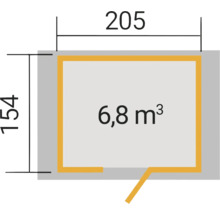 Grundrisszeichnung mit Maßangaben: 205 x 154, Volumen 6,8 Kubikmeter