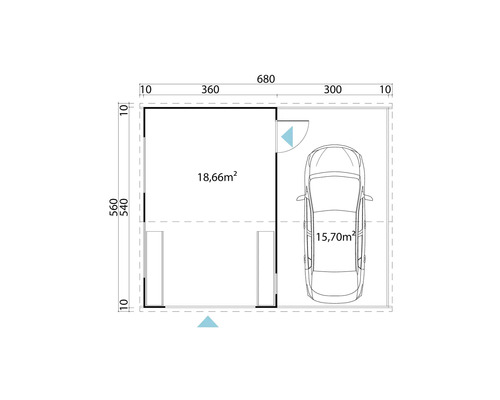 Grundriss einer Garage mit den Maßen 680 mal 560 Zentimeter und einer Fläche von 18,66 Quadratmetern.