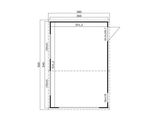 Technische Zeichnung eines Gartenhauses mit Maßangaben.