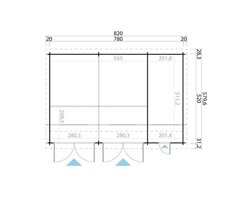 Grundrisszeichnung eines Gerätehauses mit Maßangaben