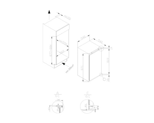 Dessin technique d''un réfrigérateur intégrable avec dimensions.