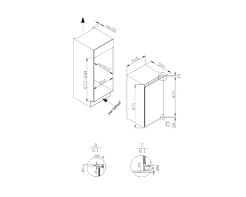 Technische Zeichnung eines Küchenschranks mit Maßangaben