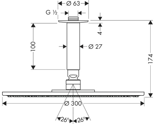 Technische Zeichnung eines Duschkopfes mit Maßangaben