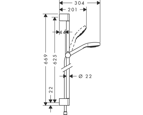 Schéma technique d''une barre de douche avec douchette et indications de dimensions