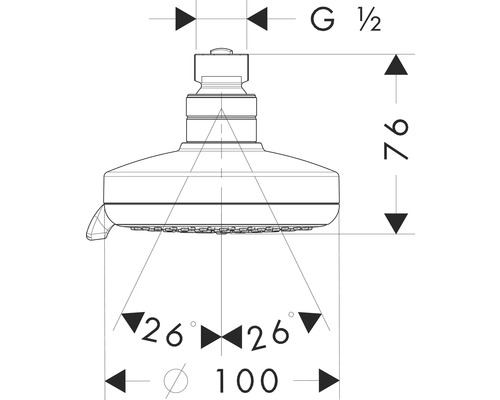 Technische Zeichnung eines Duschkopfes mit Maßangaben
