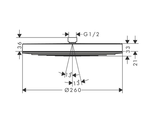 Technische Zeichnung eines Duschkopfes mit Maßangaben