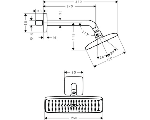 Technische Zeichnung einer Duschbrause mit Maßangaben