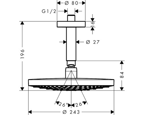 Technische Zeichnung eines Duschkopfes mit Maßangaben