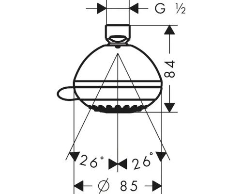 Technische Zeichnung eines Duschkopfs mit Maßangaben