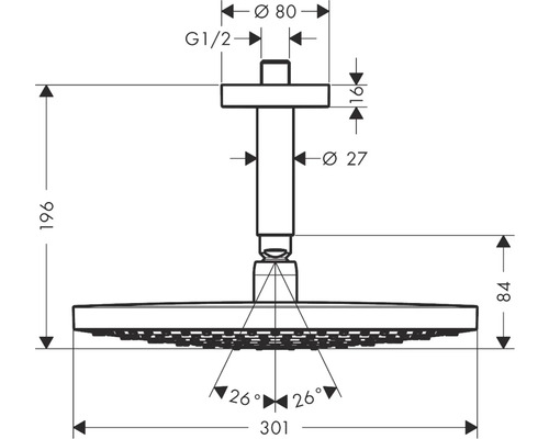 Technische Zeichnung einer Kopfbrause mit Maßen