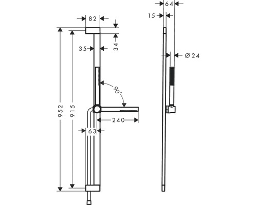 Technische Zeichnung einer Duschstange mit Maßangaben