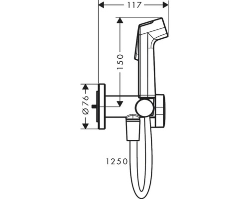 Schéma technique d''une douchette de bidet avec indications de dimensions.