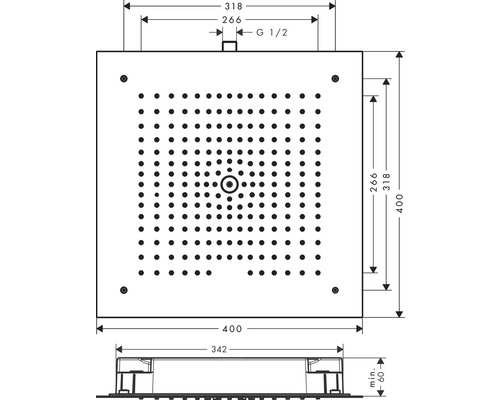 Technische Zeichnung eines Duschkopfes mit Maßangaben