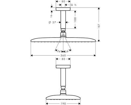 Technische Zeichnung einer Duschbrause mit Maßangaben