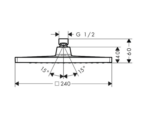 Technische Zeichnung eines Duschkopfs mit Maßangaben