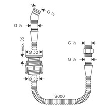 Installationsskizze für einen Siphon mit flexiblen Anschlussrohren und Größenangaben