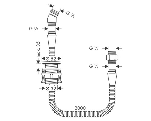 Schéma d''installation d''un siphon avec des tuyaux de raccordement flexibles et des indications de taille