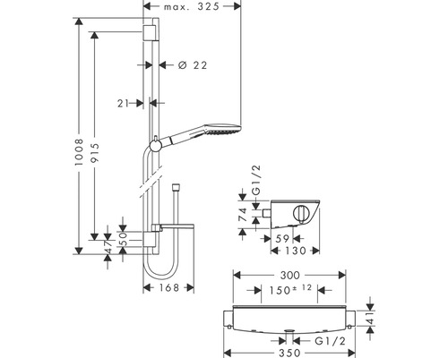 Dessin technique d''un système de douche avec indications de dimensions