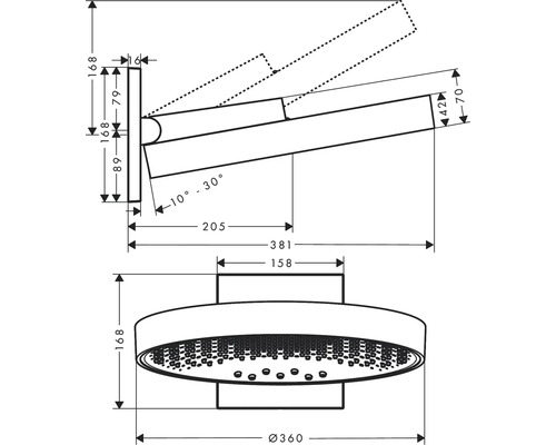 Technische Zeichnung einer Kopfbrause mit Maßangaben