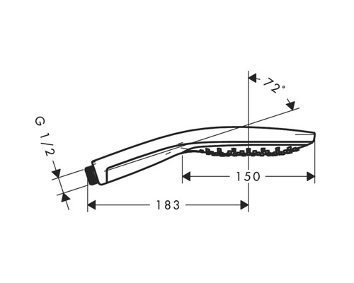 Technische Zeichnung einer Handbrause mit Maßangaben