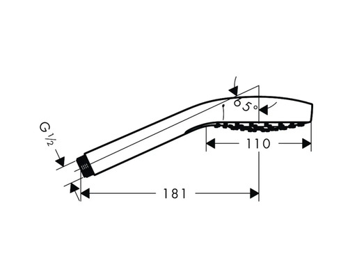 Technische Zeichnung einer Handbrause mit Maßangaben