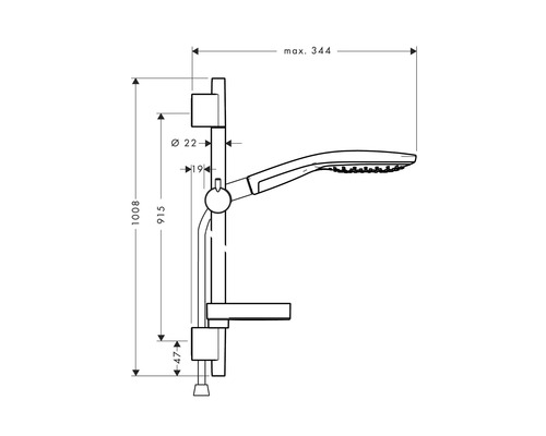 Dessin technique d''un ensemble de douche avec dimensions