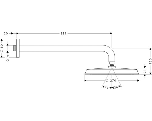 Technische Zeichnung einer Duschbrause mit Maßen