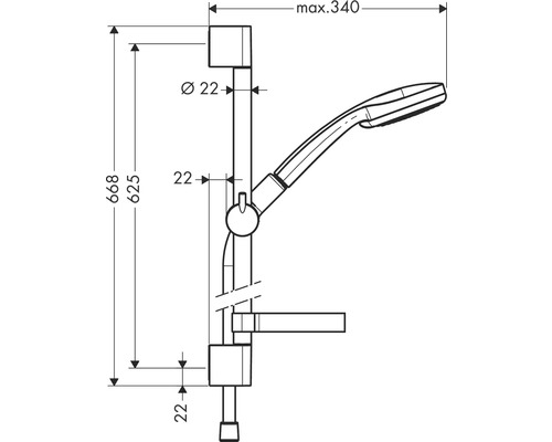 Technische Zeichnung Duschstange mit Handbrause, Maße maximal 340 mm breit und 668 mm hoch