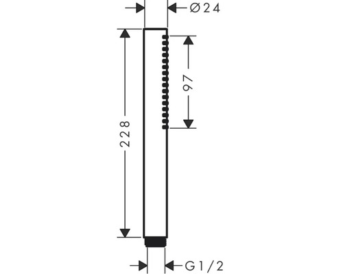 Technische Zeichnung einer Handbrause mit Maßen: 228 mm Höhe, 24 mm Durchmesser und G1/2 Anschluss
