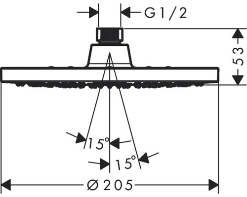Technische Zeichnung eines Duschkopfes mit Maßangaben.