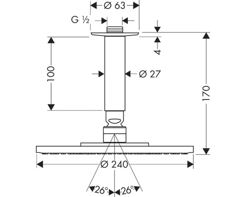 Technische Zeichnung einer Duschkopf-Deckenbefestigung mit Maßangaben