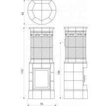 Technische Zeichnung eines Kaminofens mit Maßangaben