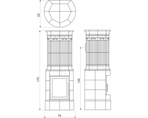 Technische Zeichnung eines Kaminofens mit Maßangaben