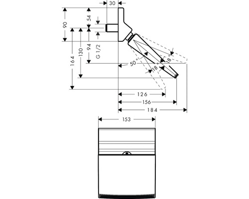 Technische Zeichnung einer Armatur mit Maßangaben