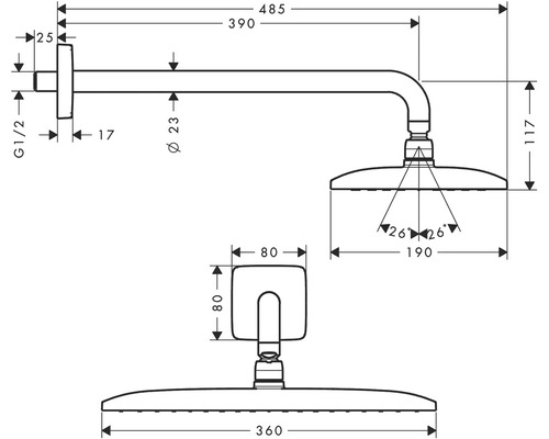 Technische Zeichnung einer Duschbrause mit Maßangaben