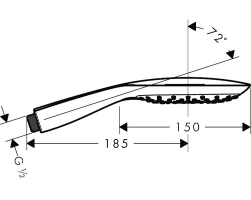 Technische Zeichnung einer Handbrause mit Maßangaben