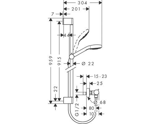 Dessin technique d''un ensemble de douche avec dimensions