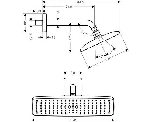 Technische Zeichnung eines Duschkopfs mit Maßangaben