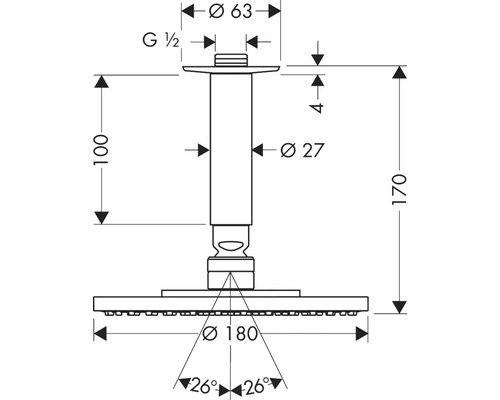 Technische Zeichnung einer Duschbrause mit Maßangaben