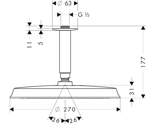 Technische Zeichnung eines Duschkopfes mit Maßangaben