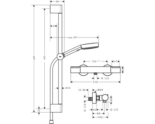Technische Zeichnung einer Duschstange mit Handbrause und den zugehörigen Maßen.