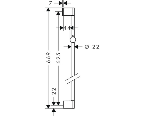 Technische Zeichnung einer Duschstange mit Maßangaben