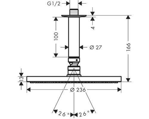 Technische Zeichnung eines Duschkopfes mit Maßangaben