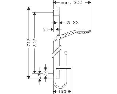 Schéma technique d''une barre de douche avec dimensions