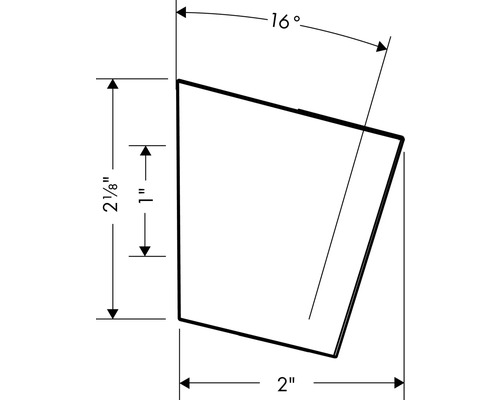 Technische Zeichnung eines Bauteils mit Maßangaben: 16 Grad Winkel, 2 Zoll Breite, 2 1/8 Zoll Höhe