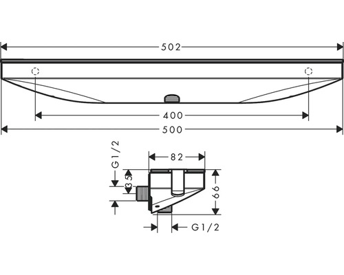 Technische Zeichnung eines Waschbeckens mit Maßangaben