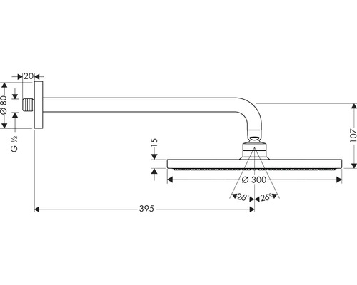 Technische Zeichnung einer Kopfbrause mit Maßangaben
